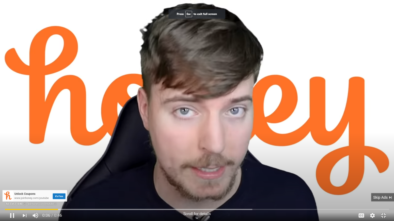 Mr.beast staring in a paid Google PPC advertisement for brand Honey